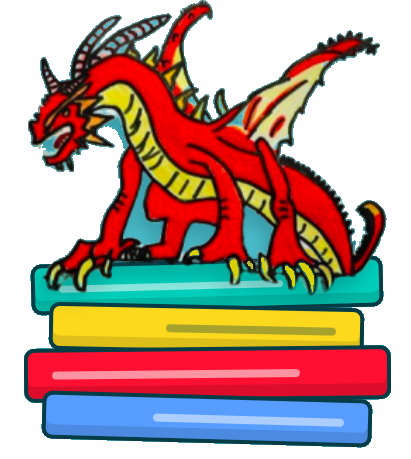 Red dragon perched on a stack of books